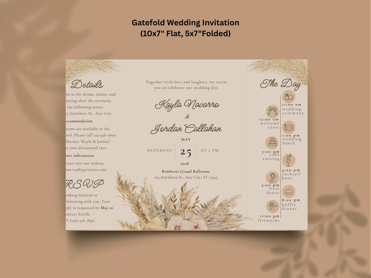 Rustic Gatefold Wedding Invitation | Boho Folded Invite with Timeline | Neutral Beige Floral Wedding Card | RSVP. WI142