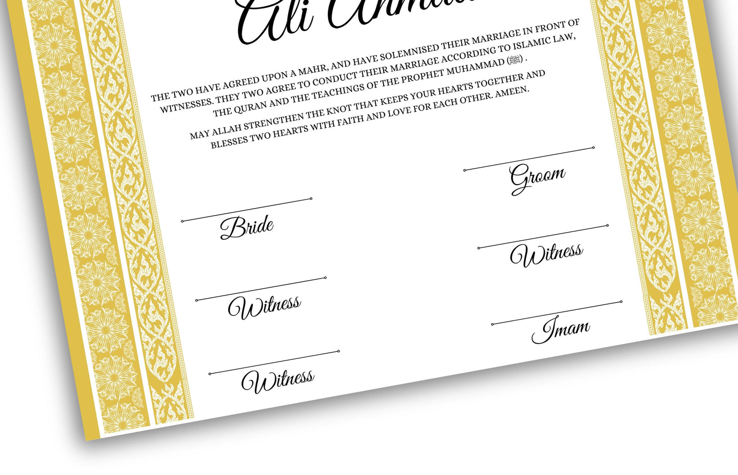 Luxury Nikkah certificate ,A3/a4 Nikkah Nama, Nikah , Islamic wedding contract, Muslim Marriage Certificate, Personalised Names. NN135