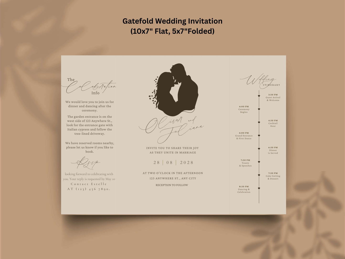 Elegant Gatefold Wedding Invitation | Minimalist Silhouette Wedding Itinerary Card | Modern Folded Wedding Invite Printable Template. WI144