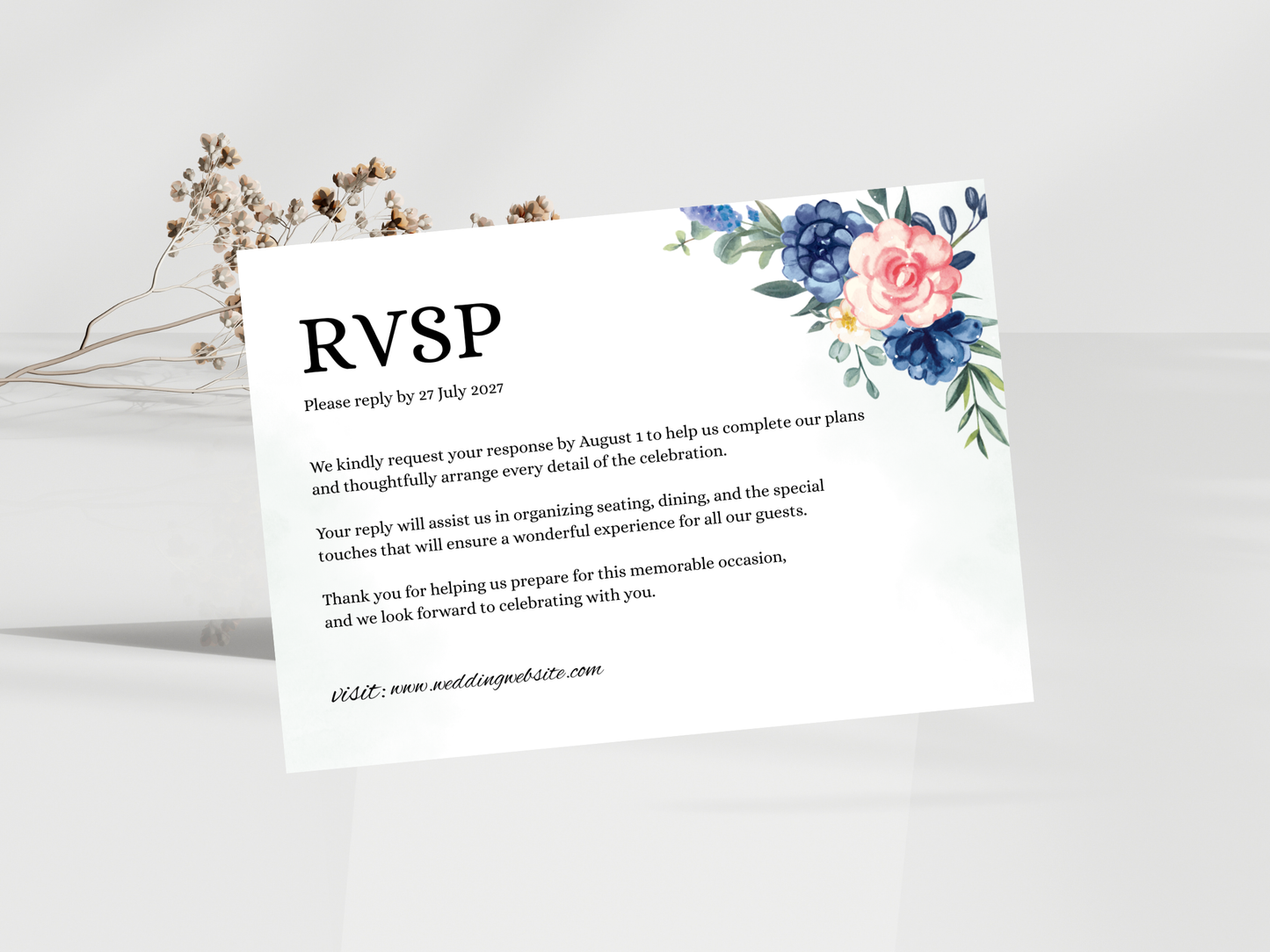 Navy Blue Floral Wedding Invitation Suite, Editable RSVP, Details, Menu & Thank You (Digital Download) | MTC391