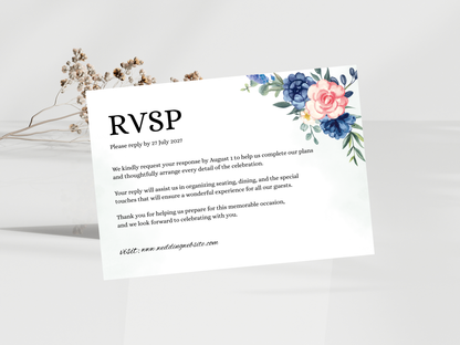Navy Blue Floral Wedding Invitation Suite, Editable RSVP, Details, Menu & Thank You (Digital Download) | MTC391