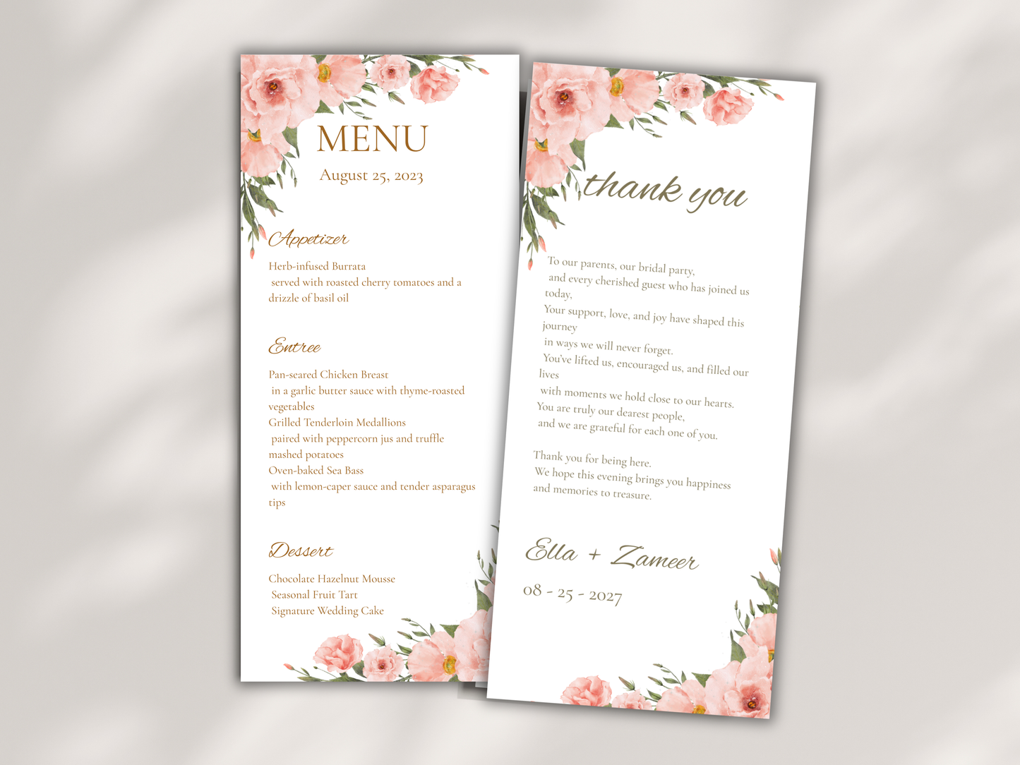 Floral Wedding Menu & Thank You Template | Editable Canva Place Card. WI211