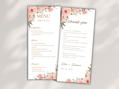Floral Wedding Menu & Thank You Template | Editable Canva Place Card. WI211