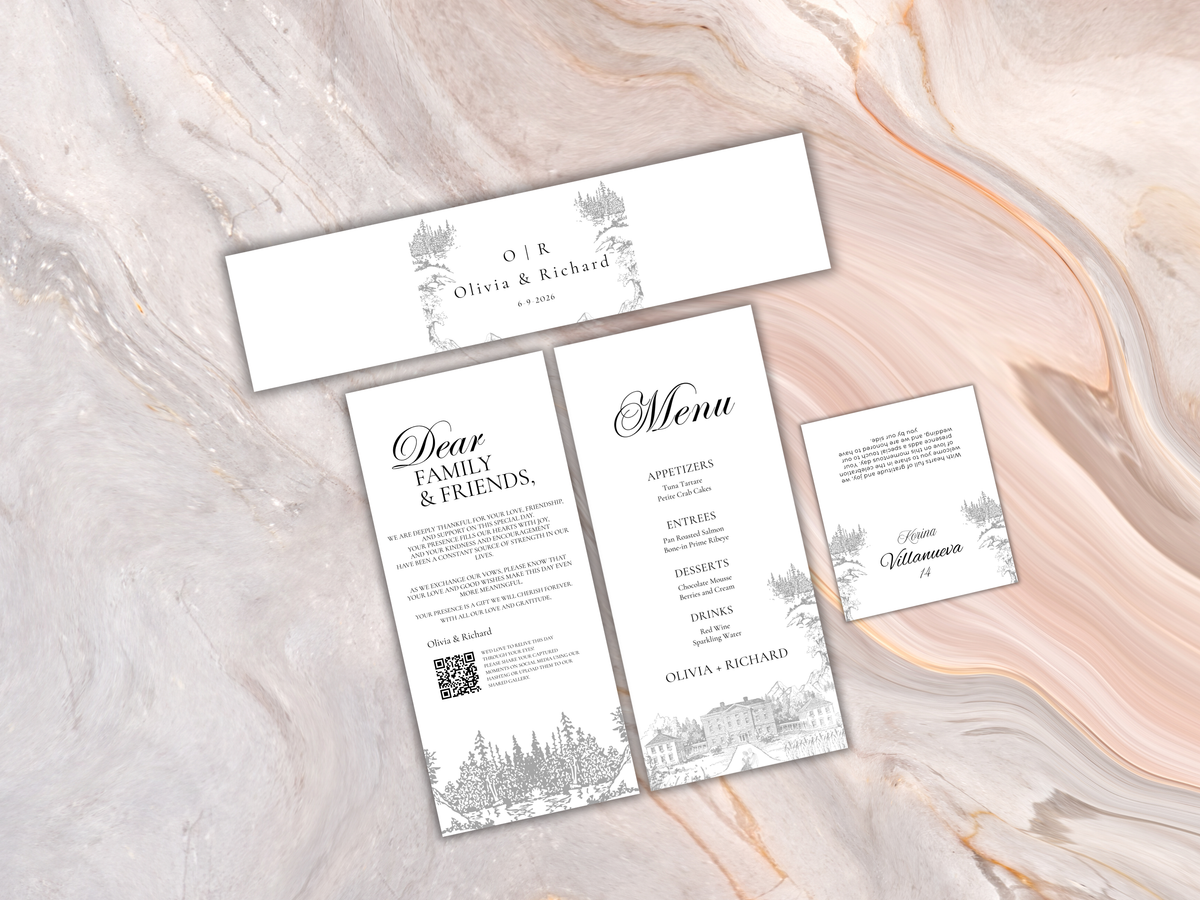 Wedding Water Bottle Label, Wedding Menu Card Template, Table Card Thank you Card. WI271