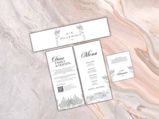 Wedding Water Bottle Label, Wedding Menu Card Template, Table Card Thank you Card. WI271