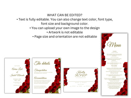 Red Rose Wedding Invitation set, Red Rose RSVP, Dark Red floral, Elegant Red Rose wedding Invitation, Details Editable, Menu Card, WT38