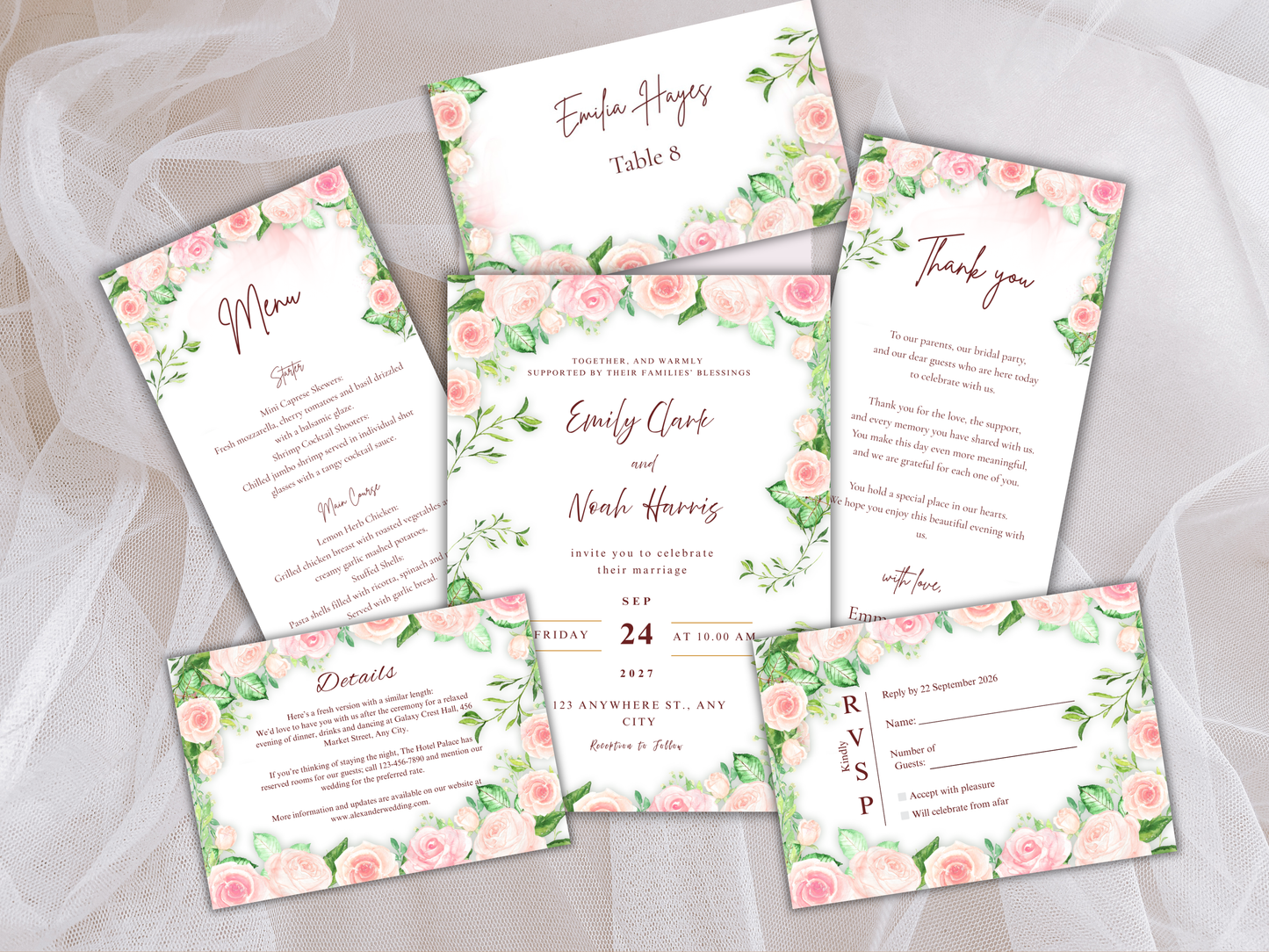Wedding Invitation Bundle, RSVP, Thank You Card, Table Card, Menu Card, Reception Card, Details Card. WI262