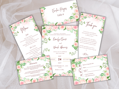 Wedding Invitation Bundle, RSVP, Thank You Card, Table Card, Menu Card, Reception Card, Details Card. WI262