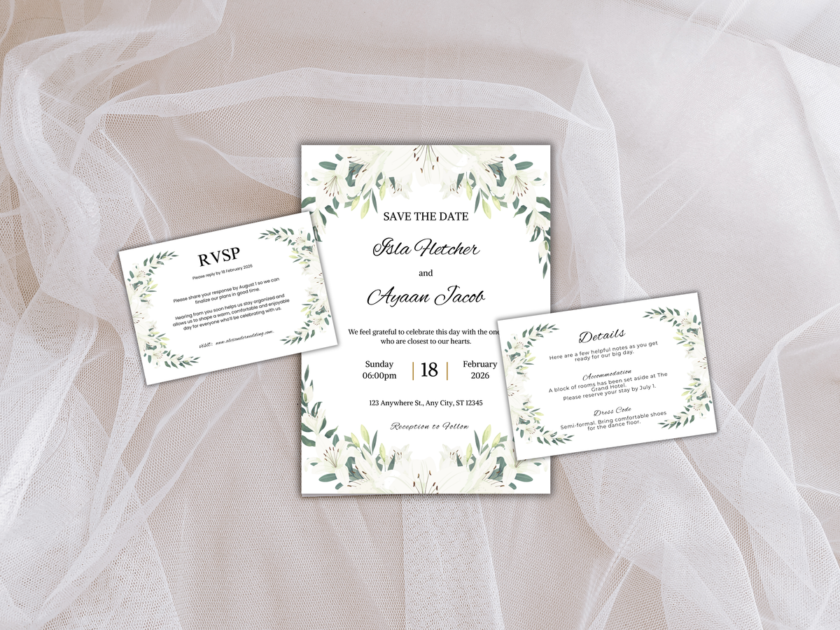 Wedding Invitation Bundle, RSVP, Thank You Card, Table Card, Menu Card, Reception Card, Details Card. WI248