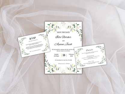 Wedding Invitation Bundle, RSVP, Thank You Card, Table Card, Menu Card, Reception Card, Details Card. WI248