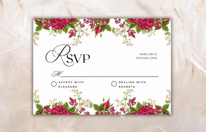Floral Wedding Invitation Set Template, Printable Hot Pink Rose Wedding Invite Suite, Boho Wedding Template, RSVP Card, Details Card. WIB73