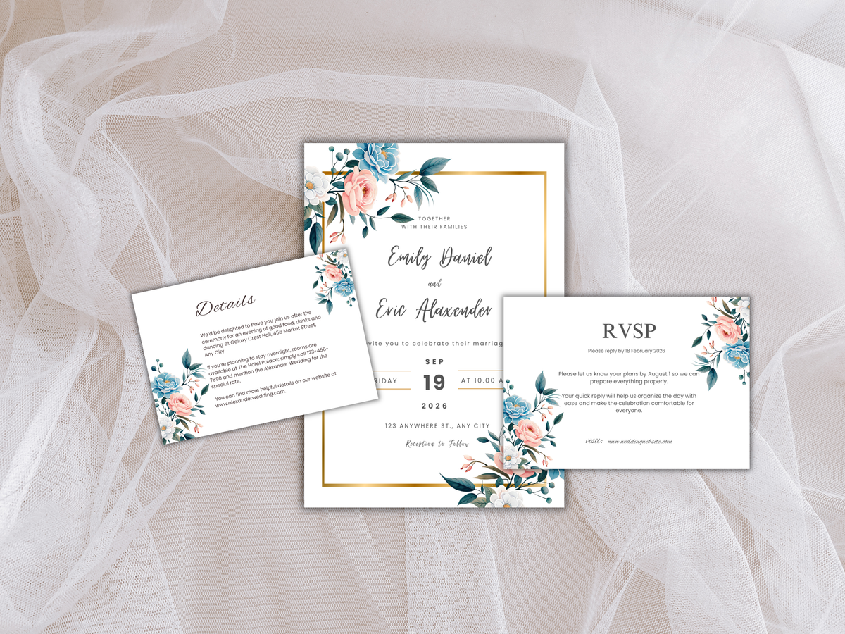 Wedding Invitation Set, RSVP, Dark Floral, Wedding Invitation, Details, Editable, Template, WI237
