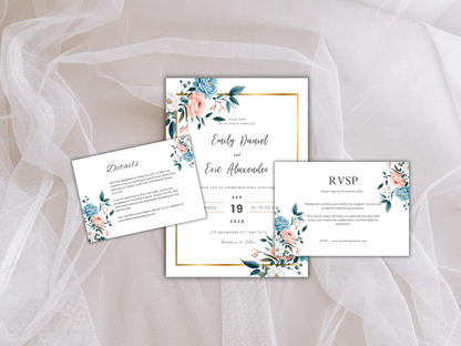 Wedding Invitation Set, RSVP, Dark Floral, Wedding Invitation, Details, Editable, Template, WI237