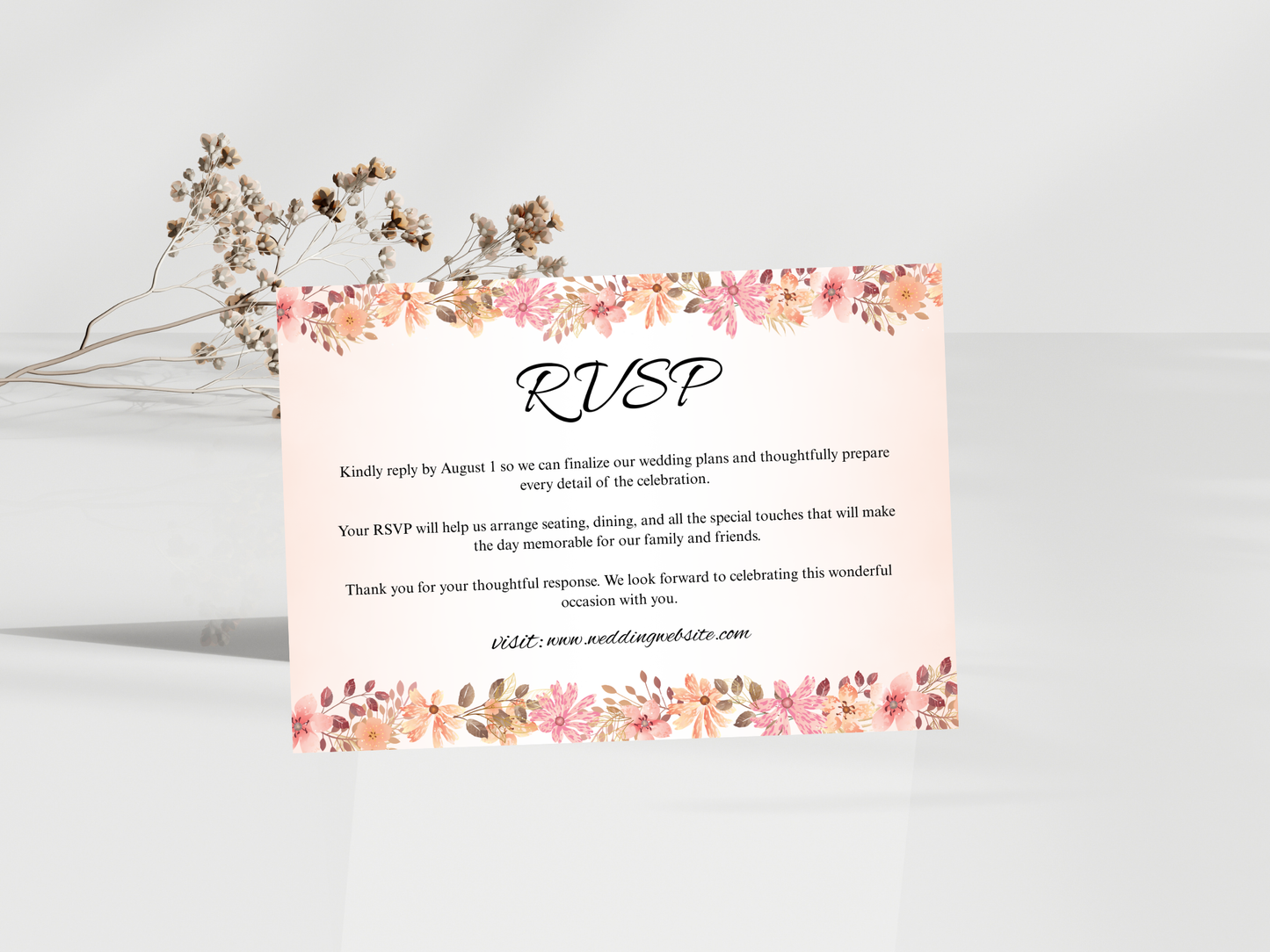 Elegant Peach Wedding Invitation Bundle, RSVP, Details, Menu & Thank You, Canva Template MTC419