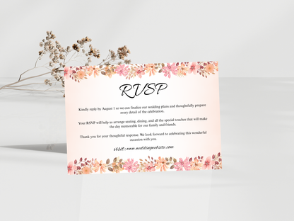 Elegant Peach Wedding Invitation Bundle, RSVP, Details, Menu & Thank You, Canva Template MTC419