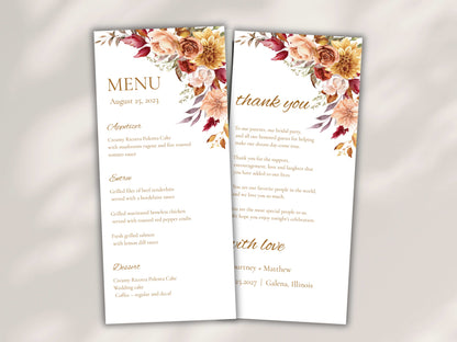 Boho Autumn Wedding Menu Template, Editable Place Card & Thank You Note, Fall Floral Wedding Printables. WI191