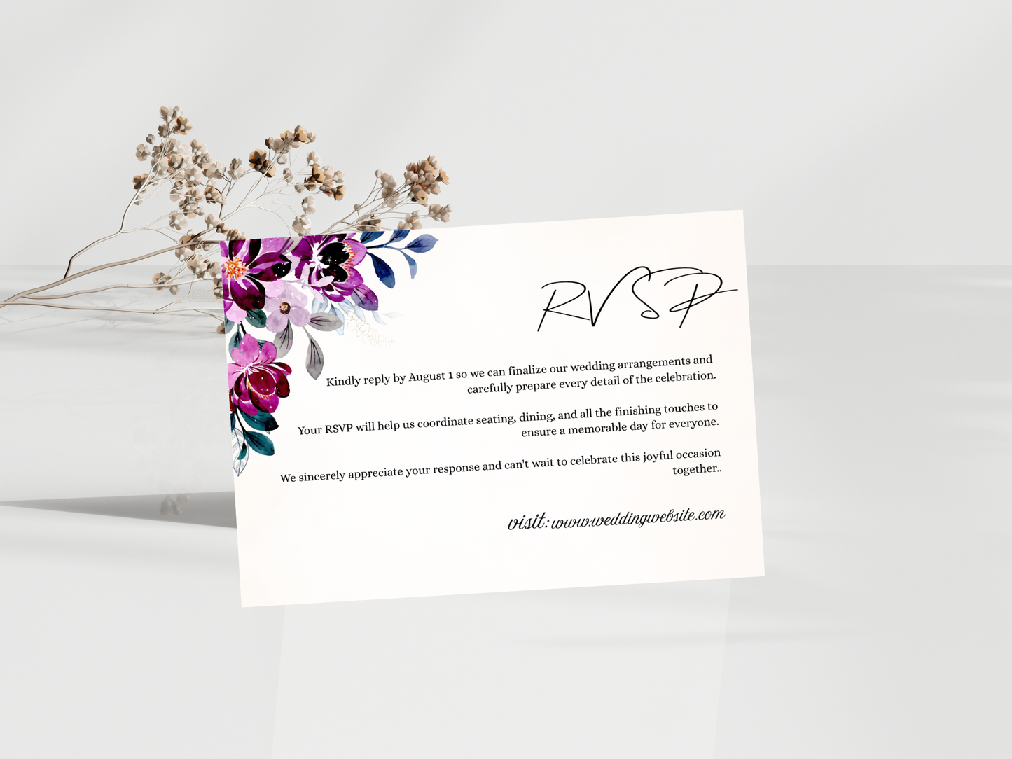 Plum Purple Floral Wedding Invitation Suite,  RSVP, Details, Menu & Thank You Card, Digital Download  MTC411