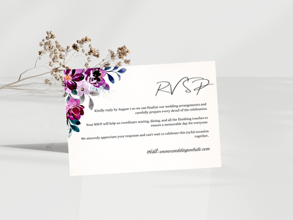 Plum Purple Floral Wedding Invitation Suite,  RSVP, Details, Menu & Thank You Card, Digital Download  MTC411