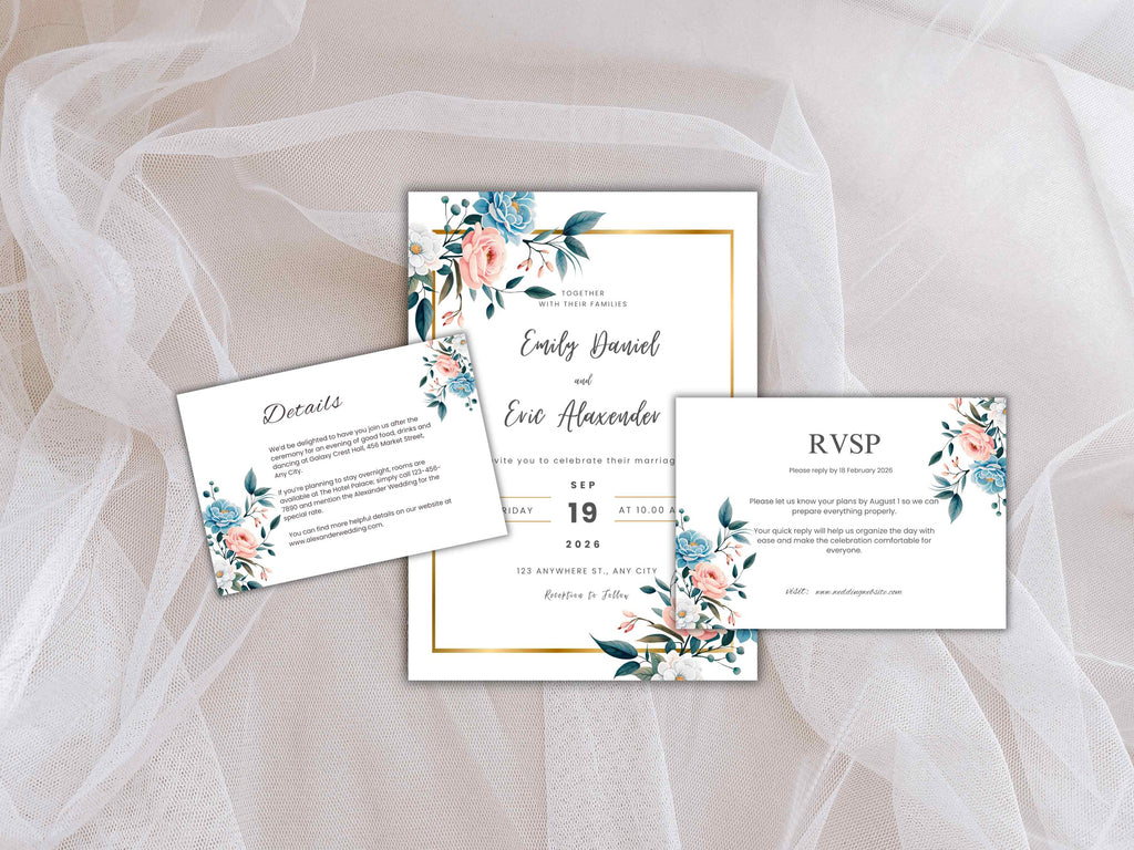 Wedding Invitation Bundle, RSVP, Thank You Card, Table Card, Menu Card, Reception Card, Details Card. WI238