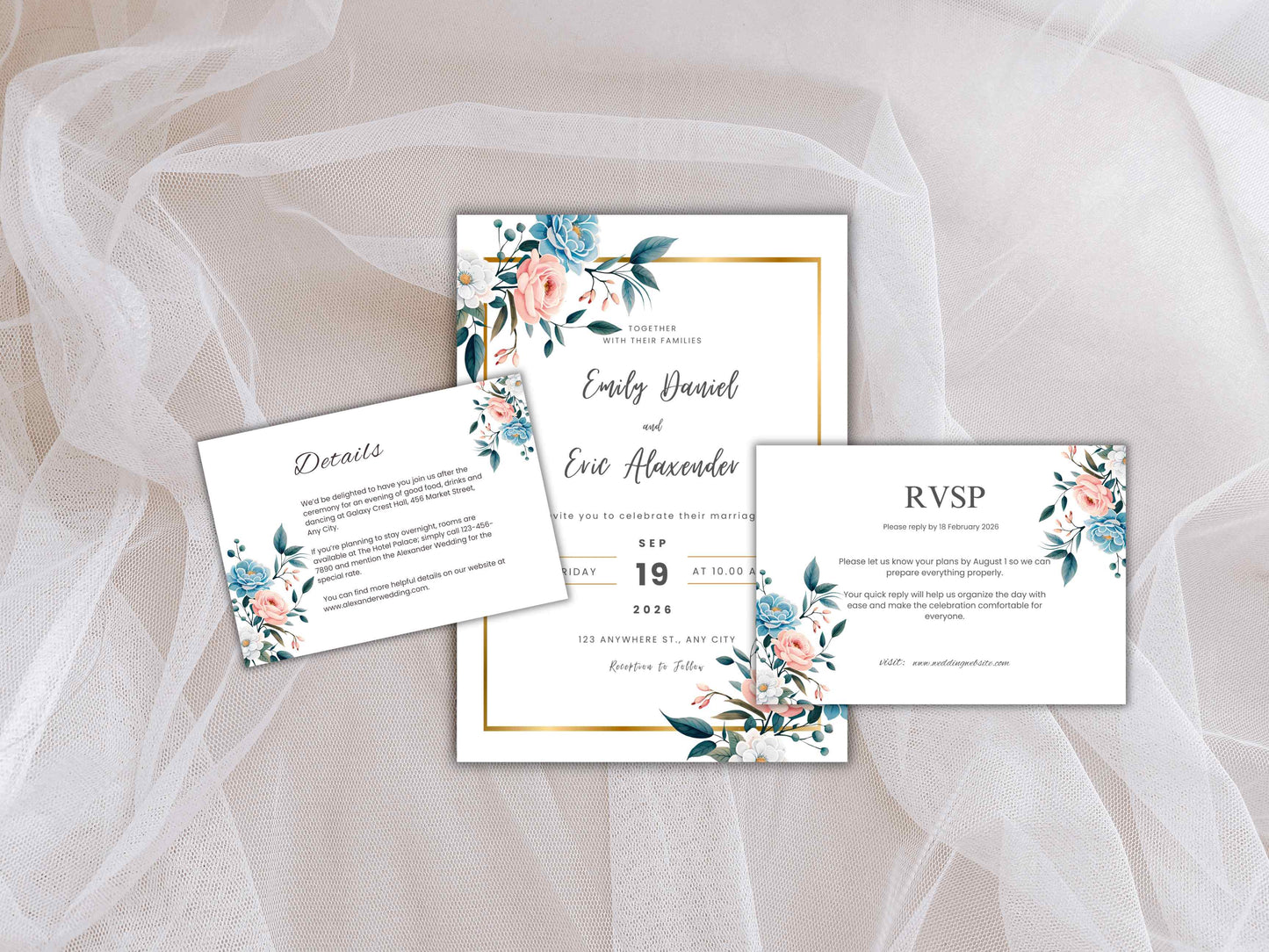 Wedding Invitation Bundle, RSVP, Thank You Card, Table Card, Menu Card, Reception Card, Details Card. WI238