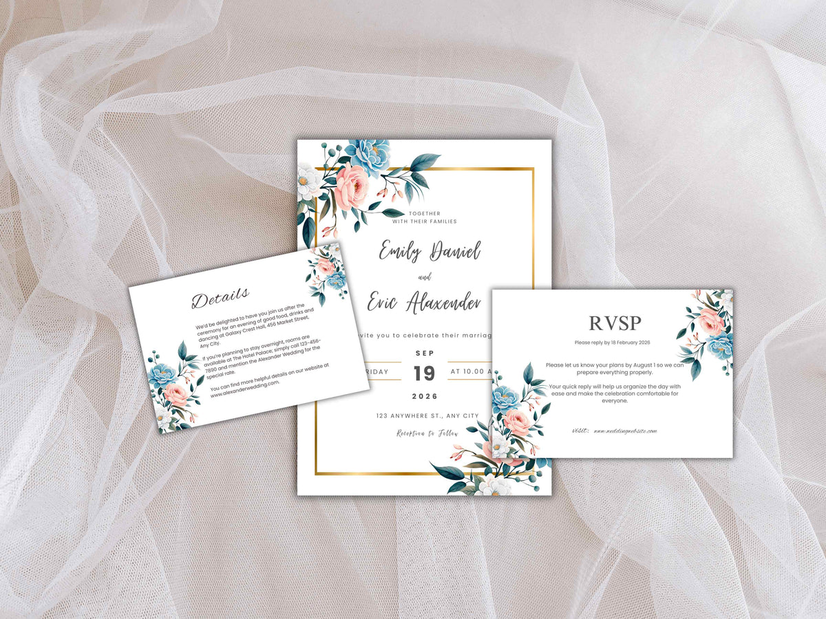 Wedding Invitation Bundle, RSVP, Thank You Card, Table Card, Menu Card, Reception Card, Details Card. WI238