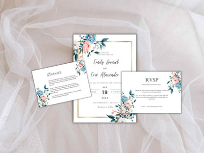 Wedding Invitation Bundle, RSVP, Thank You Card, Table Card, Menu Card, Reception Card, Details Card. WI238