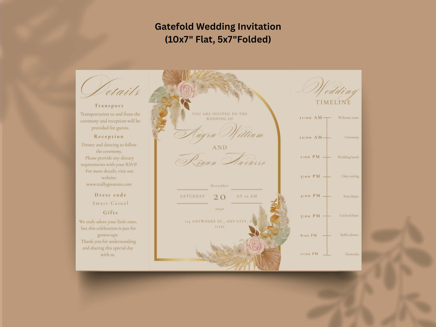Elegant Wedding Invitation Template | Boho Floral Arch Invite with Timeline | Printable Details Card | Modern Wedding Stationery Suite.WI149