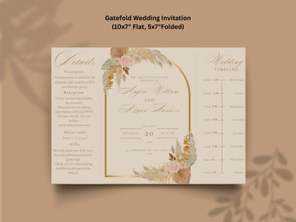 Elegant Wedding Invitation Template | Boho Floral Arch Invite with Timeline | Printable Details Card | Modern Wedding Stationery Suite.WI149