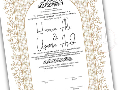 Nikkah Certificate Digital Download Personalised, Islamic Contract, A4, A3, Template, Instat Download. NN209