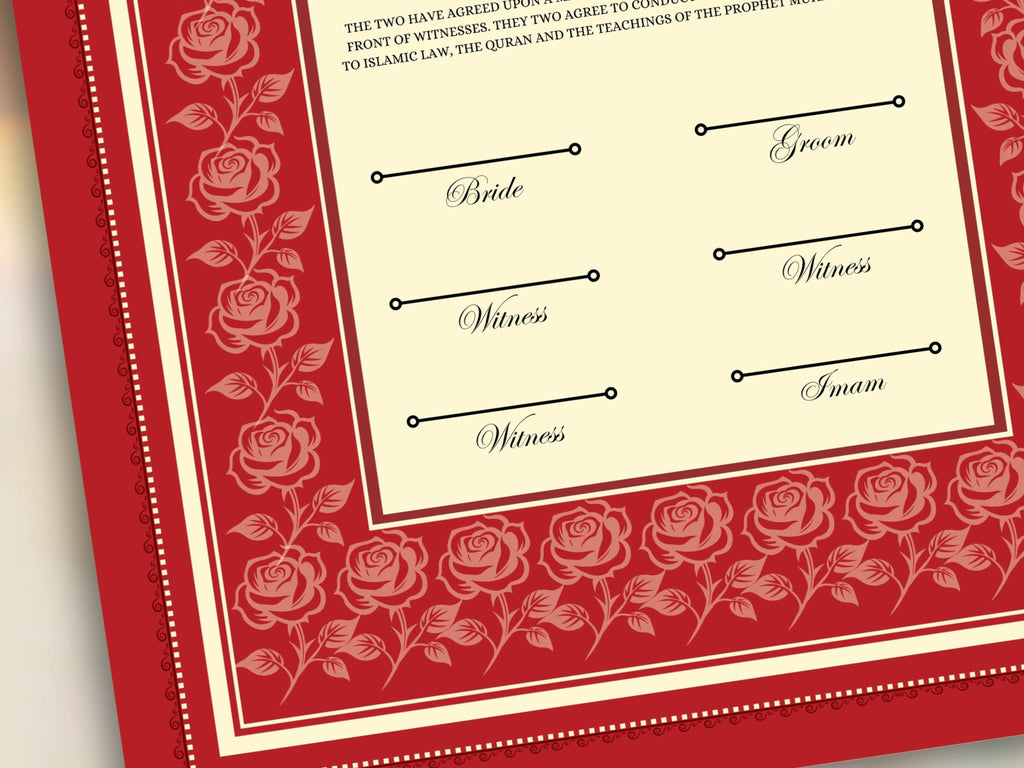 Rose Nikkah Certificate Template, Editable Nikkahnama, Printable Nikah Contract, Muslim Contract, Red Nikkah Islamic Marriage Contract.NN252