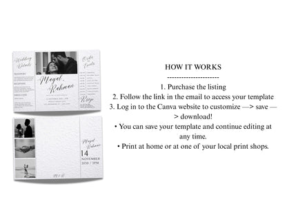 Gatefold Wedding Invitation Template | Elegant Black & White Folded Invite with RSVP Timeline | Printable Wedding Card with Photo. WEIB122