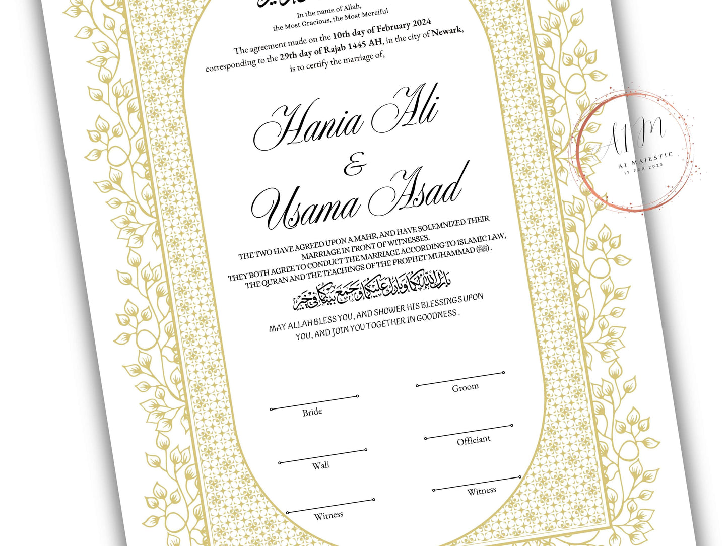 Gold Nikkah Contract Template, Gold Islamic Marriage, Contract Nikkah Certificate, Gold Nikahnama, Personalised Names, A4, A3. NN208