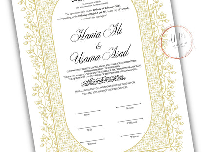 Gold Nikkah Contract Template, Gold Islamic Marriage, Contract Nikkah Certificate, Gold Nikahnama, Personalised Names, A4, A3. NN208