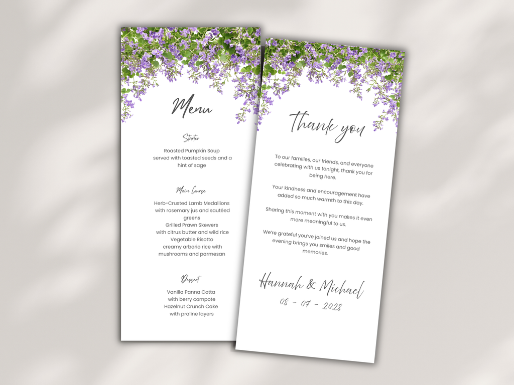 Floral Wedding Menu & Thank You Template | Editable Canva Place Card. WI214