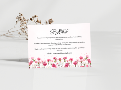 Carnation Reception card, RSVP, Details, Digital Download MTC424