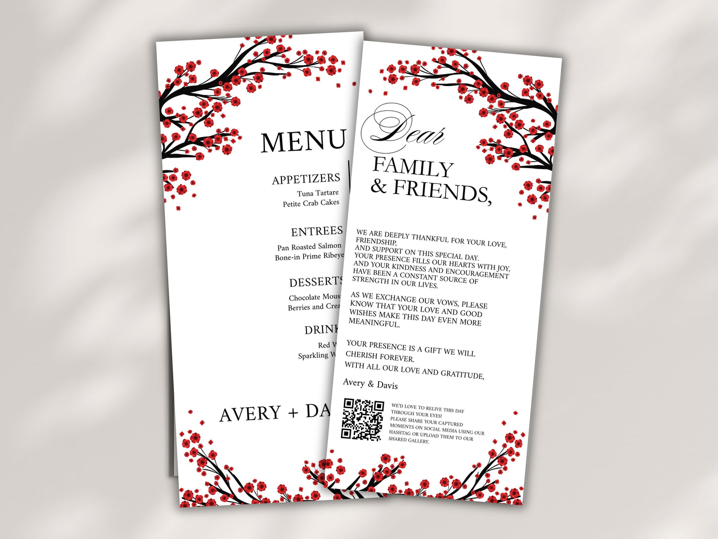 Red Floral Wedding Menu & Thank You Card Template .WI192
