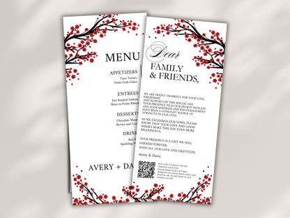 Red Floral Wedding Menu & Thank You Card Template .WI192