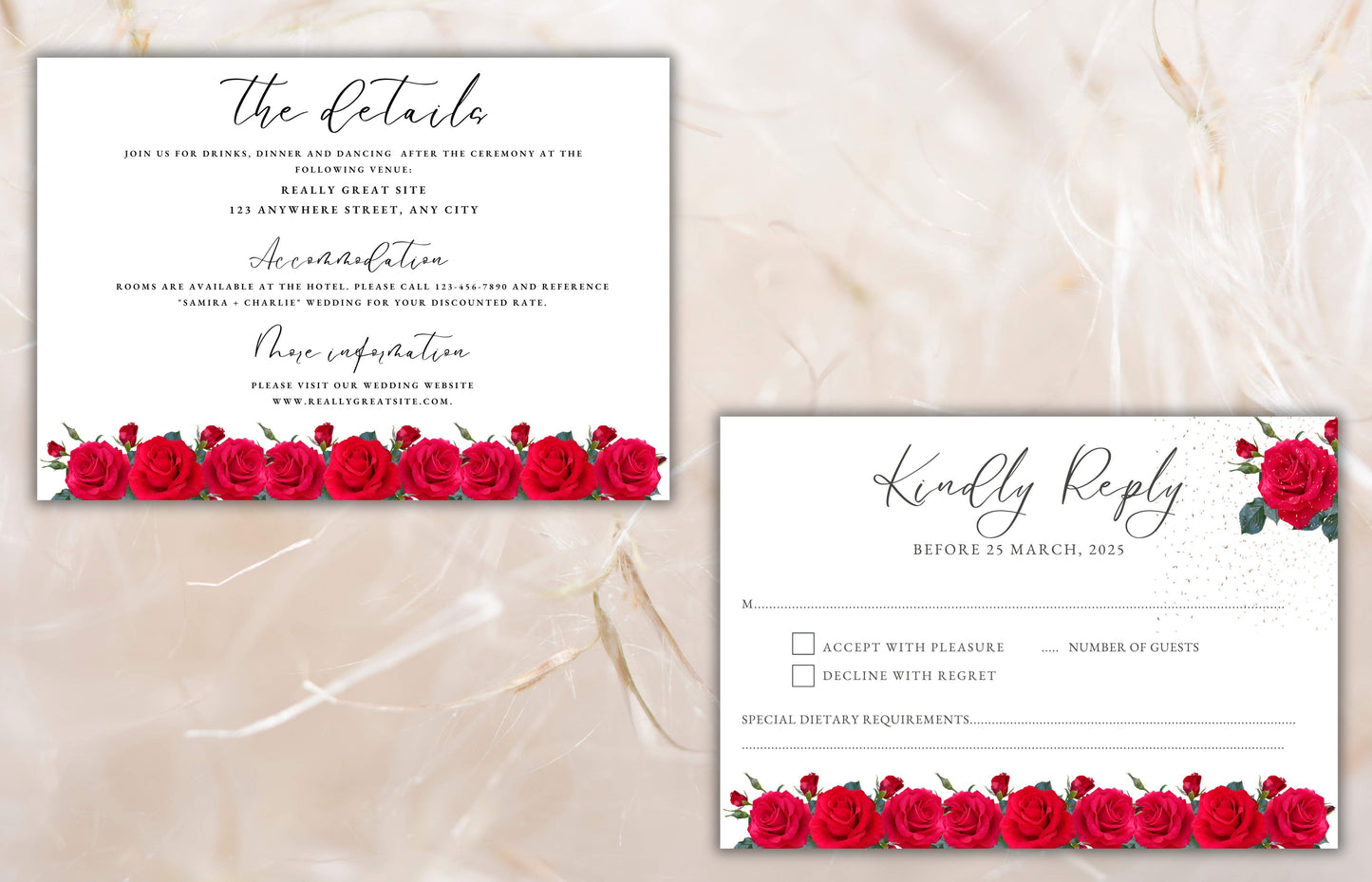 Red Rose Wedding Invitation set, Red Rose RSVP, Dark Red floral, Red Rose wedding Invitation, Details, Editable, Thank You Card. WIT64