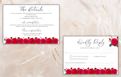 Red Rose Wedding Invitation set, Red Rose RSVP, Dark Red floral, Red Rose wedding Invitation, Details, Editable, Thank You Card. WIT64