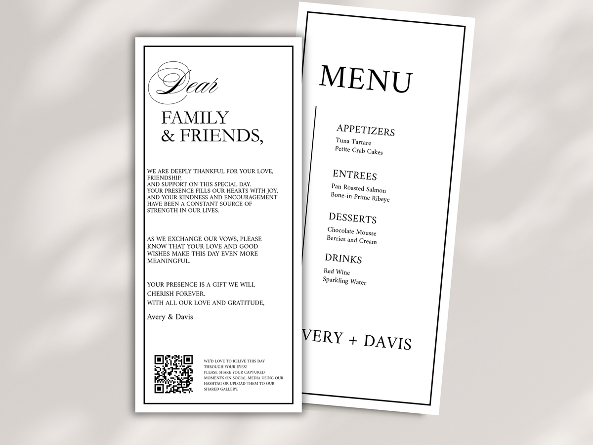 Wedding Menu & Thank You Template | Editable Canva Place Card. WI215