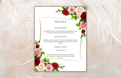 Red Wedding Invitation Set, Floral invitation,Editable Template, RSVP Card, Details Card, Burgundy and Pink Floral with Gold Frame, WIT63