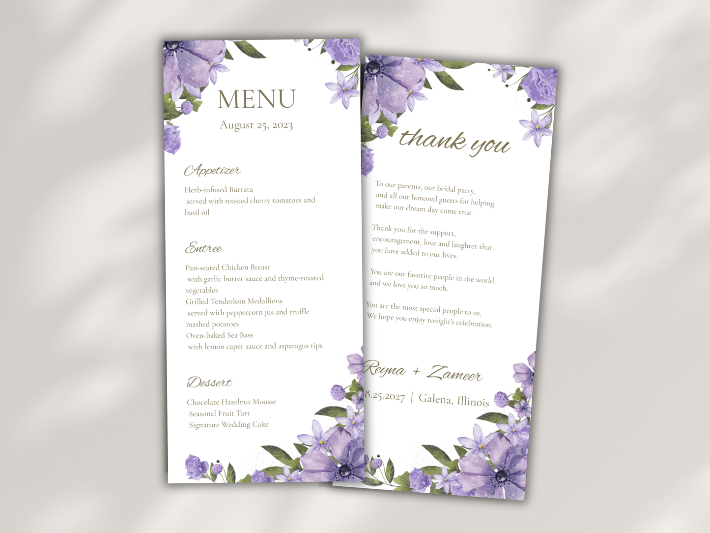 Lavender Floral Wedding Menu & Thank You Template | Editable Canva Place Card. WI204