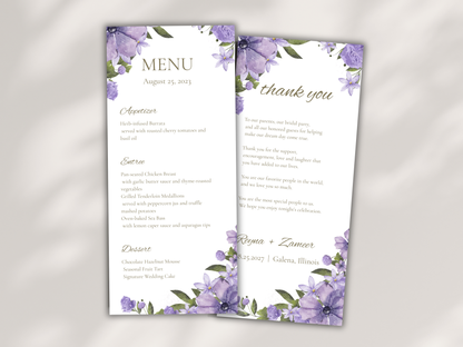 Lavender Floral Wedding Menu & Thank You Template | Editable Canva Place Card. WI204