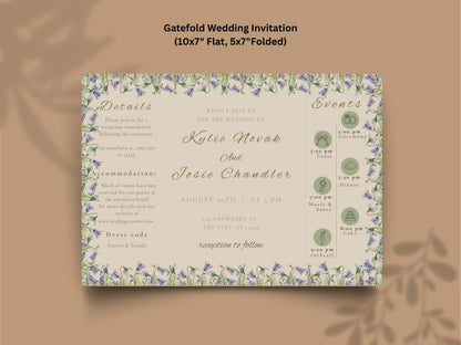 Blue Floral Gatefold Wedding Invitation | Elegant Folded Invite with Timeline | Botanical Watercolor Wedding Card | Qr Code Card. WI143