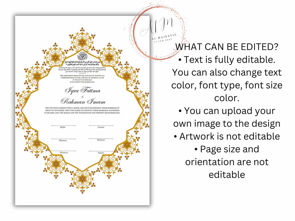 Nikkah Certificate Digital Download Personalised, A4, A3, Nikkah Contract, Muslim Nikkah Certificate Template, Instat Download. NN229
