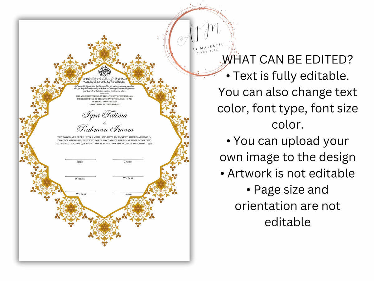 Nikkah Certificate Digital Download Personalised, A4, A3, Nikkah Contract, Muslim Nikkah Certificate Template, Instat Download. NN229