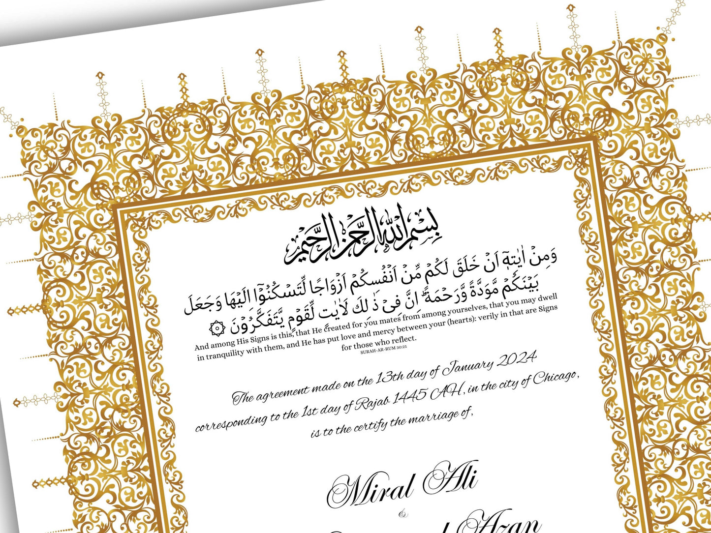 Gold Nikkah Certificate, A4/A3 Islamic Wedding Contract Template, Nikkah Nama, Muslim Marriage, Personalised Names, Quran Verse.NN201