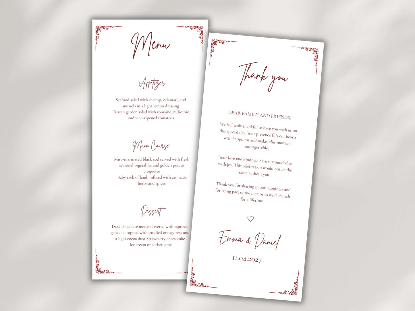 Wedding Menu Template, Thank You Card, Place Card. WI201