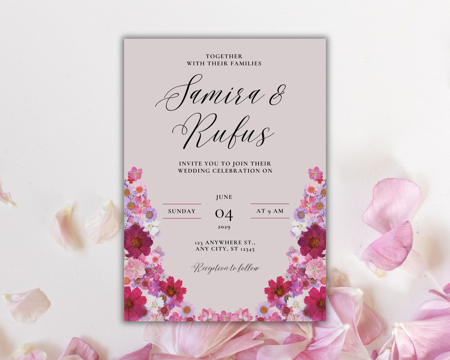 Pink Flowers Wedding Invitation set, Pink Floral RSVP, Elegant Pink Rose wedding Invitation, Details , Editable,Template, WT47