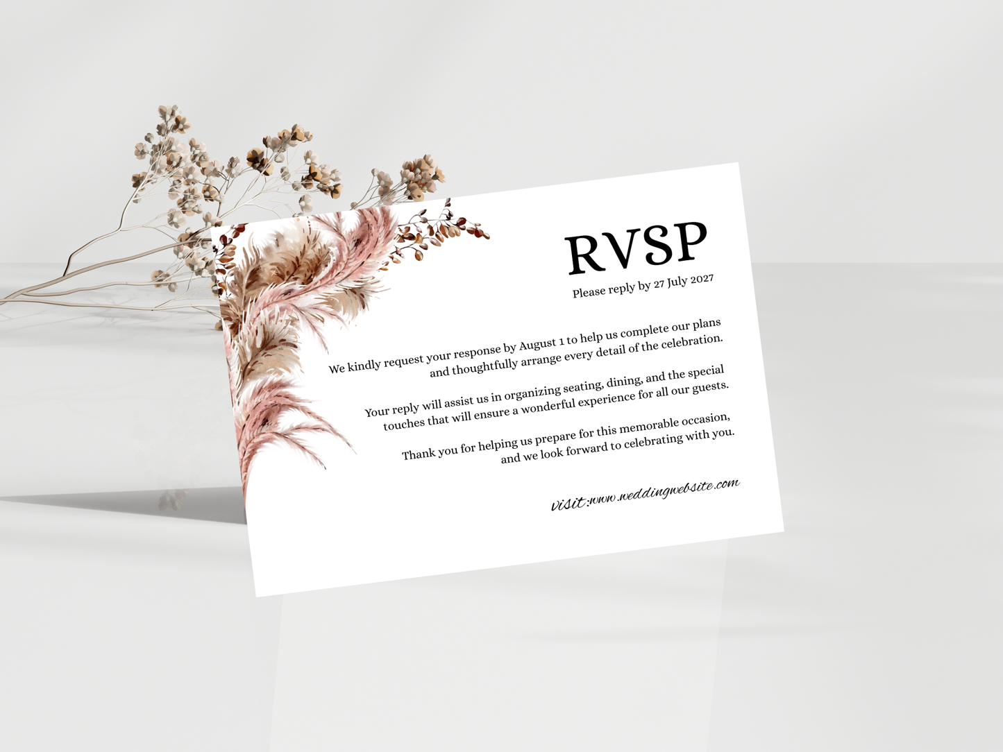 Blush Pampas Wedding Invitation Suite, Editable RSVP, Details, Menu & Thank You (Digital Download) MTC389